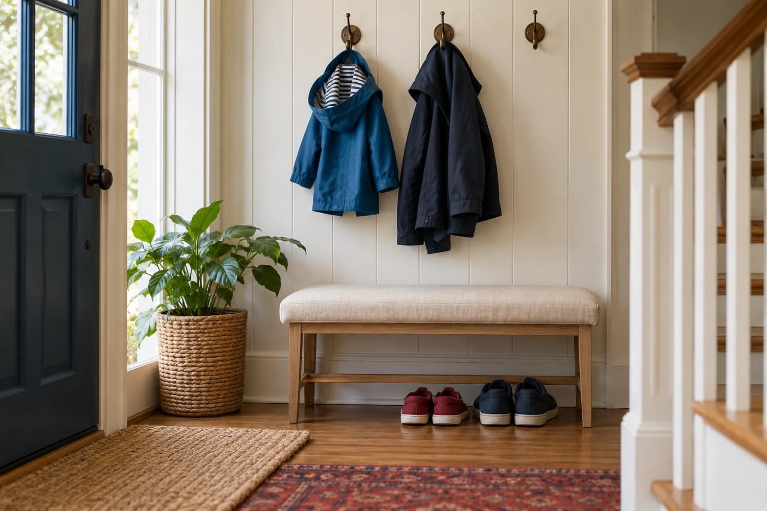 A child’s blue raincoat and an adult navy jacket hang above neatly arranged shoes and a small cream bench in a bright home entryway.